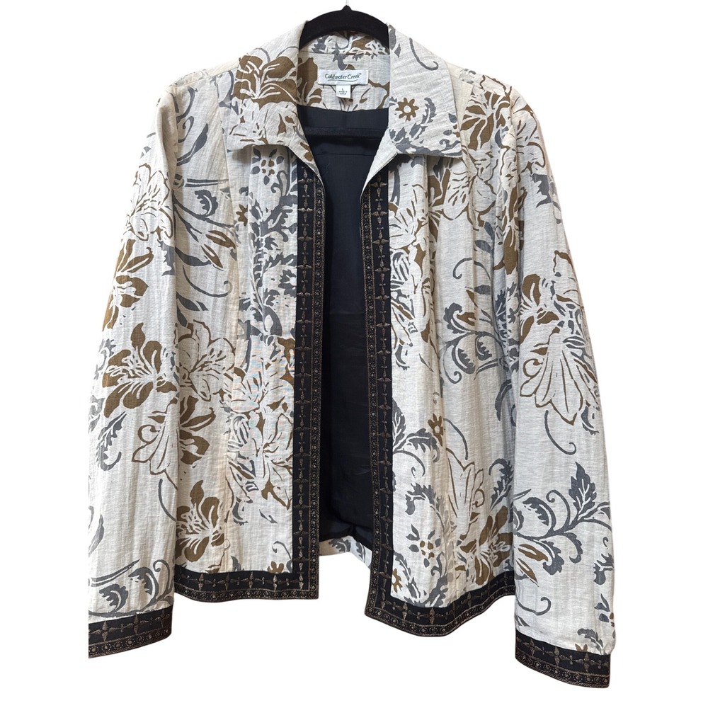 Coldwater Creek Floral Open Front Jacket Embroidered Trim Linen Blend Beige L